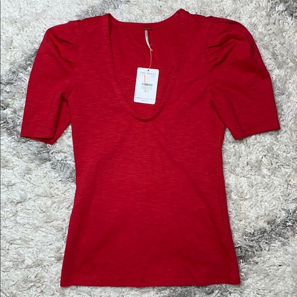 NWT Free People Red Knit Top Puff Sleeve - Picture 2 of 4